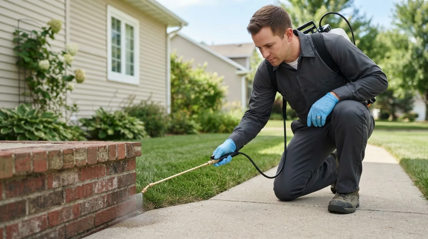 Pest control technician treating a home near Atalissa, IA