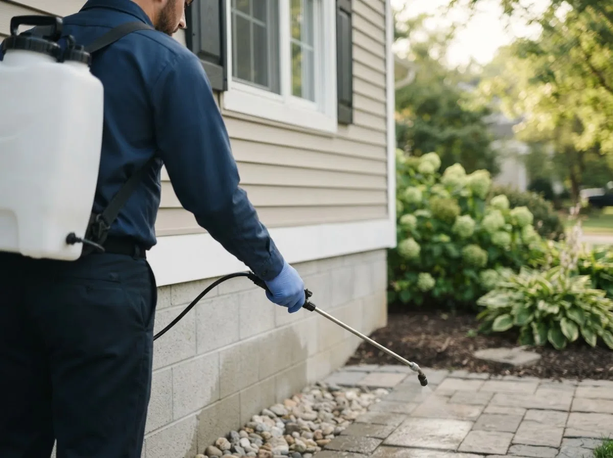 Pest control technician inspecting a home in Atalissa, IA